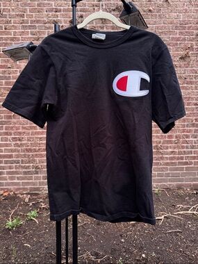 Vintage Champion Black Tee with Red & White Logo